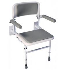 Fold Down Shower Seat 490Wx380mm with Padded Arms & Back Rest  - Front Support Legs Aluminmium